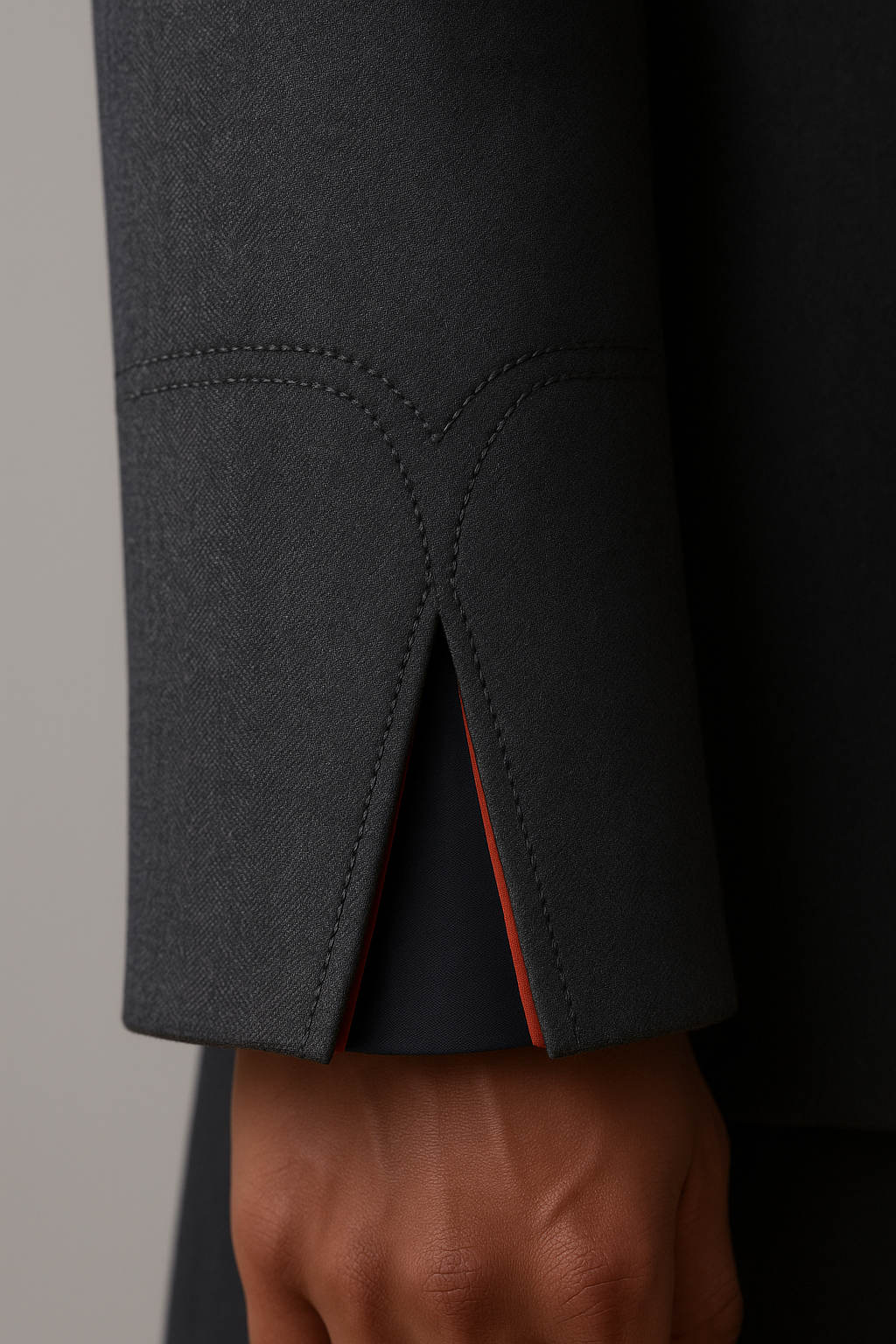 An early design study of a V-cut sleeve, with matching stitching and a concealed silk reveal