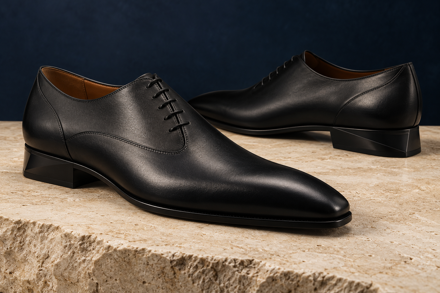 An artistic study of matte black Oxford shoes with elongated toes, fine tonal stitching and sculpted heels